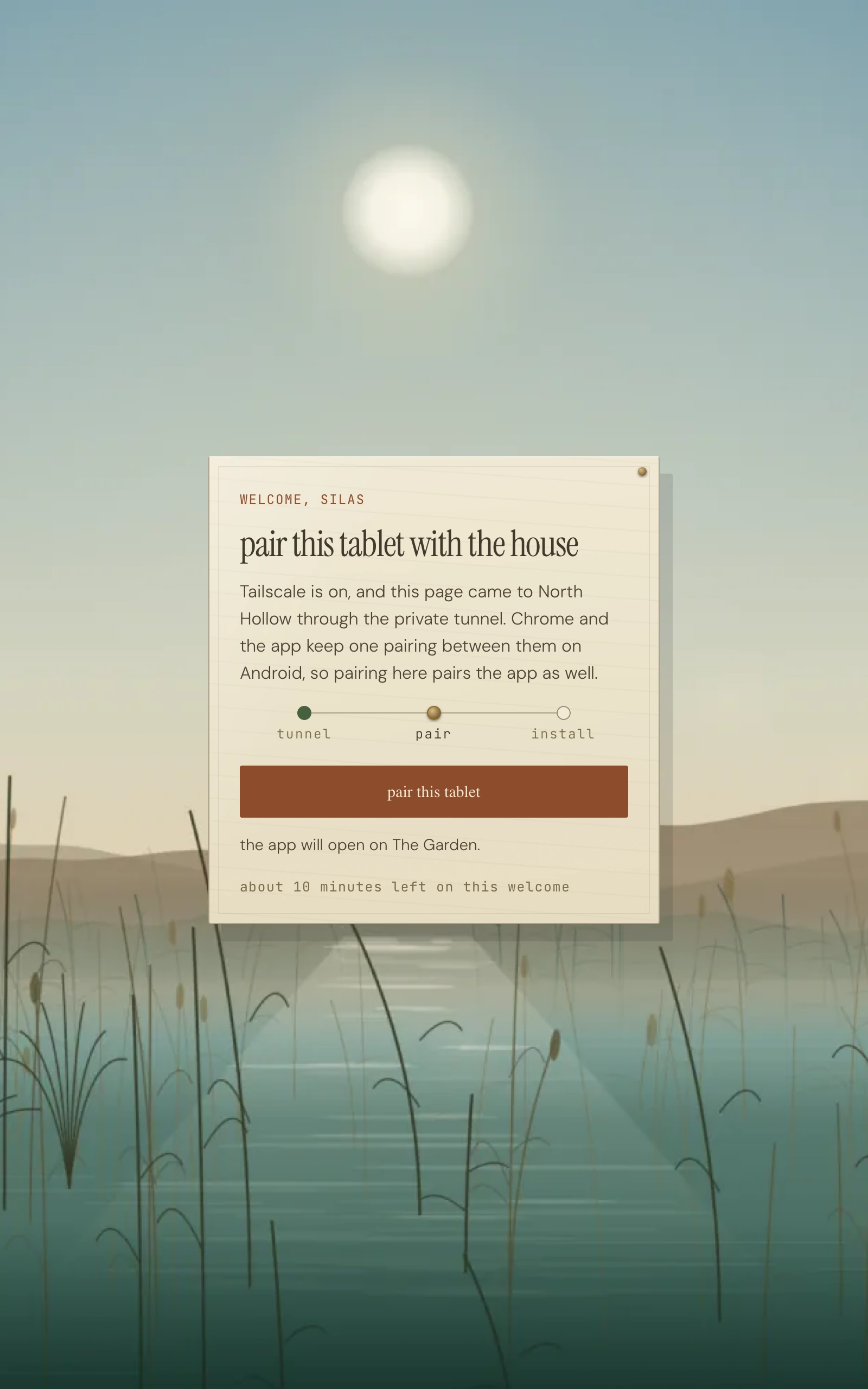 The tablet welcome screen of the invented North Hollow preview household.